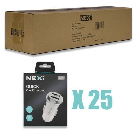 (25 Pack) NEXi | Dual USB-A Port Car Charger | 3.1A | White